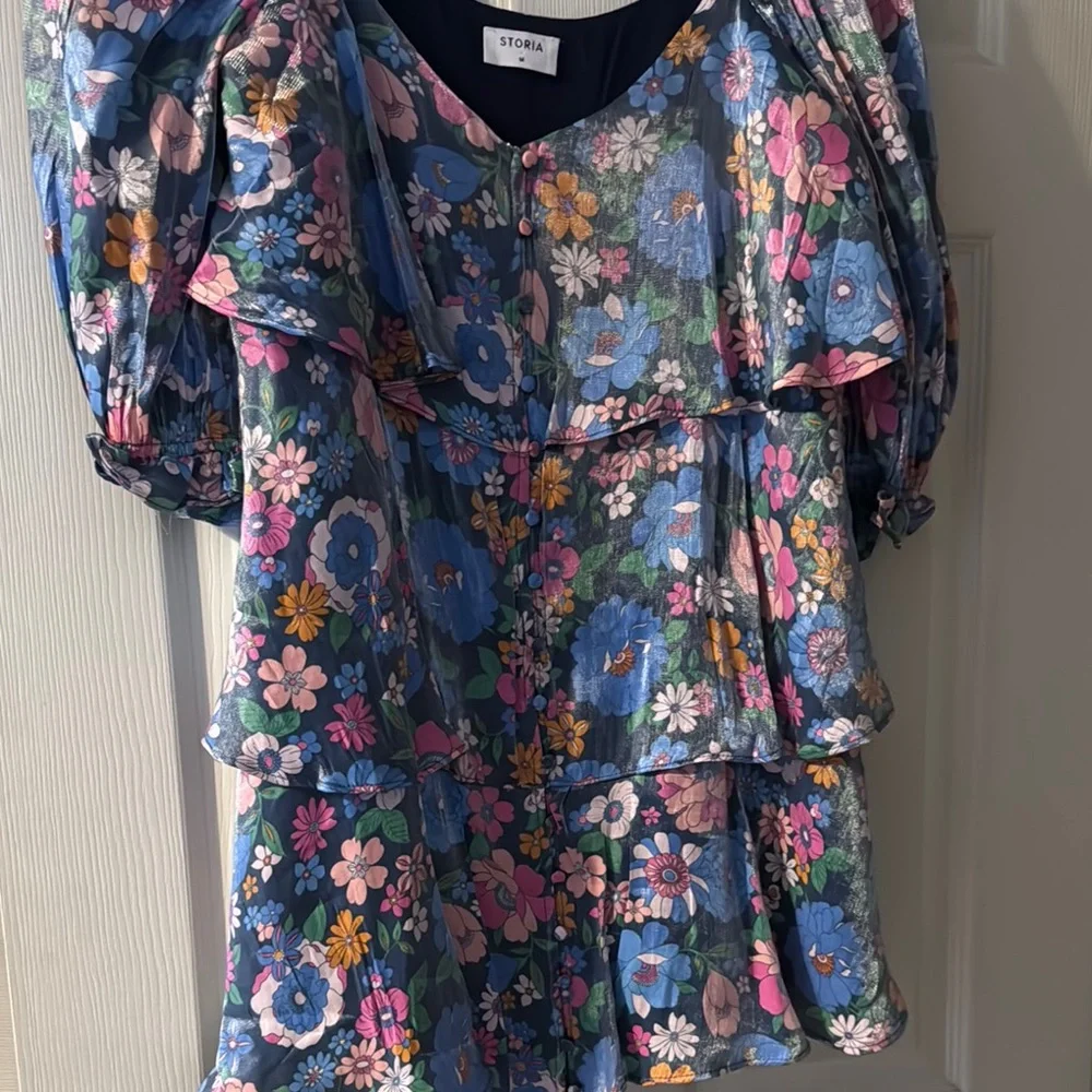 Floral Blue Dress with Pink and Green Accents - Picture 3 of 8